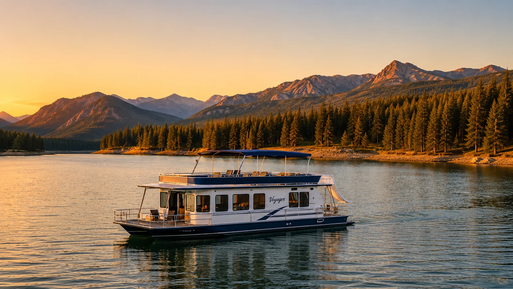 Houseboat cruising on a scenic mountain lake at sunset